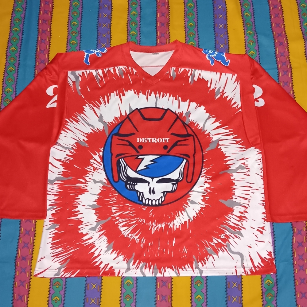 2019 Grateful Dead Detroit Tie Dye Hockey Jersey Steal Your Face Red Wings - Picture 1 of 8